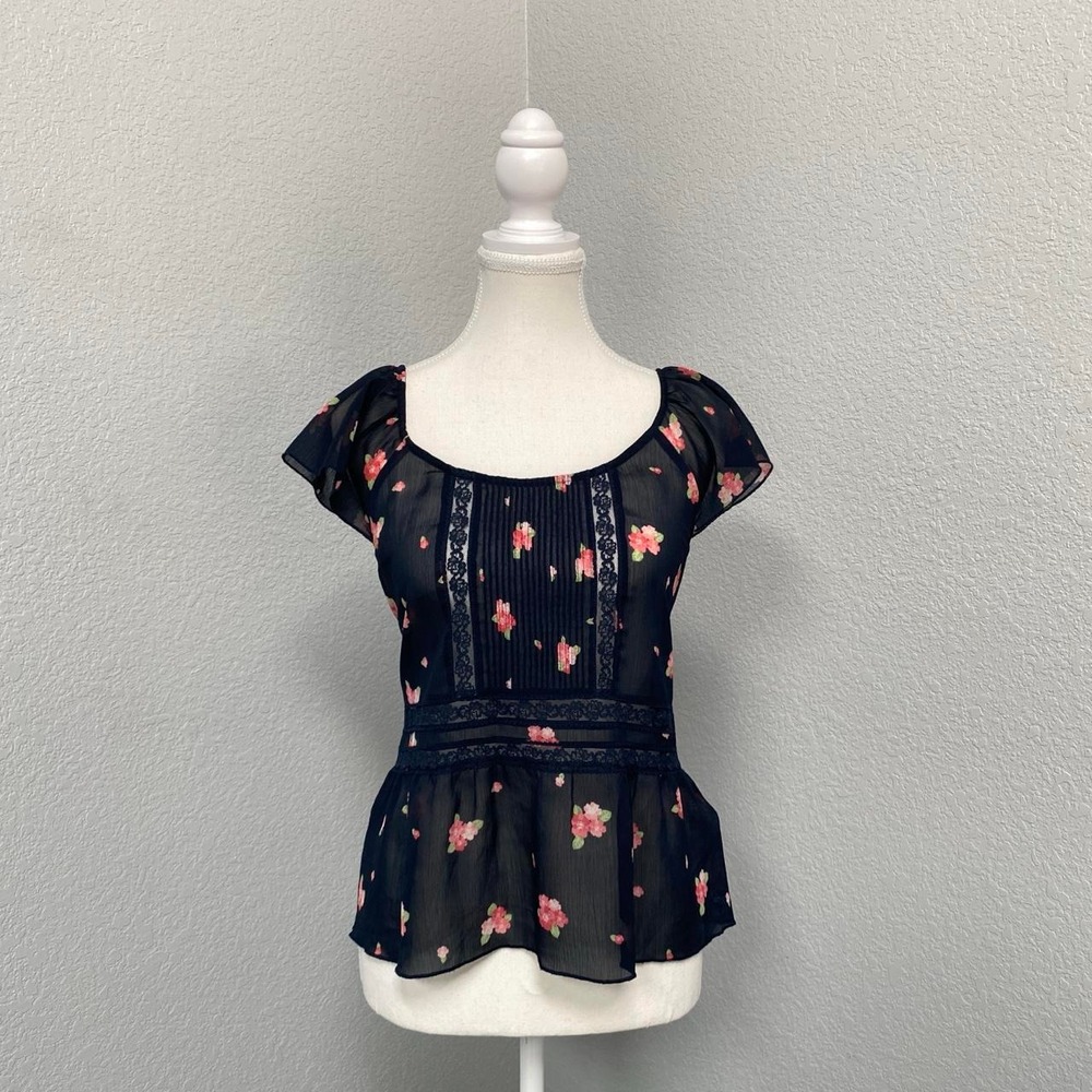 ABERCROMBIE & FITCH NAVY BLUE BLOUSE PINK FLORAL PEPLUM SHEER LACE Y2K COTTAGE